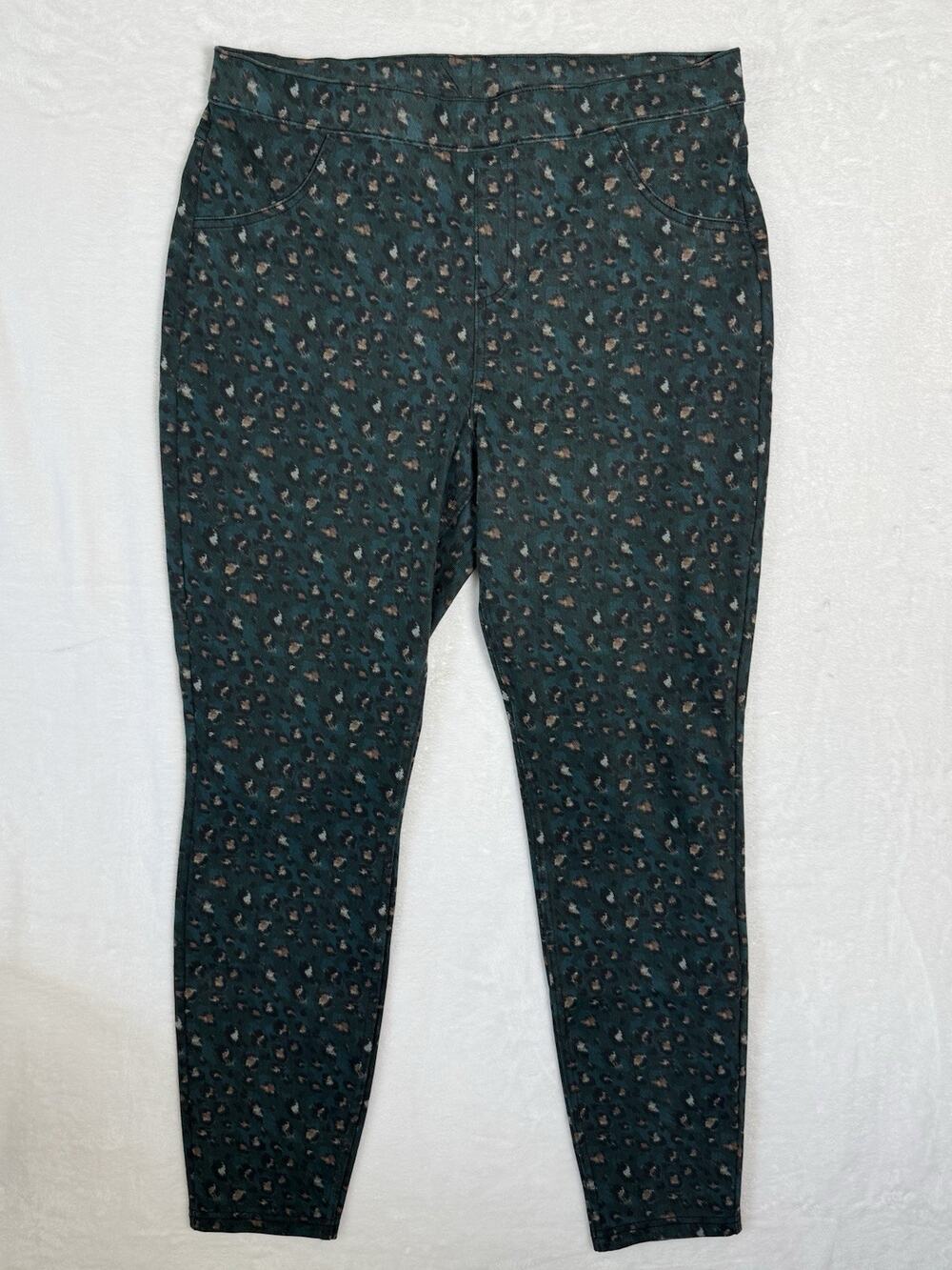 HUE Womens Leopard Print Leggings Green Pull On Stretch Pants Size Large